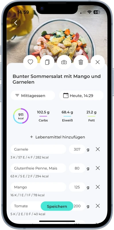 Nutrilize-Bildschirm mit einer erfassten Mahlzeit, Zutaten und Nährwerten.