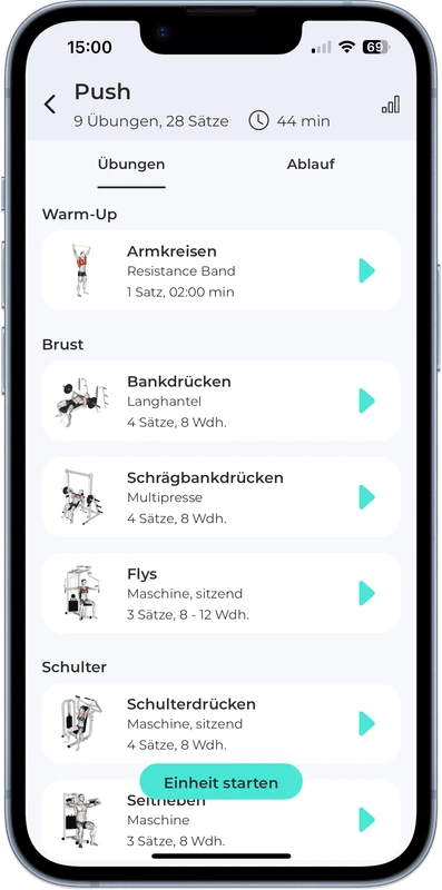 Nutrilize-Bildschirm mit einem Trainingsplan: Übungsliste einer Push-Einheit mit Sätzen und Wiederholungen.