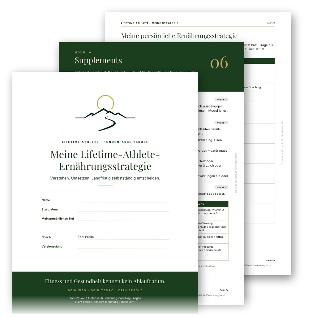 Vorschau auf das Kunden-Arbeitsbuch: vorne die Titelseite „Meine Lifetime-Athlete-Ernährungsstrategie“, dahinter teilweise sichtbar die Einstiegsseite zu Modul 6 Supplements und die Seite „Meine persönliche Ernährungsstrategie“.
